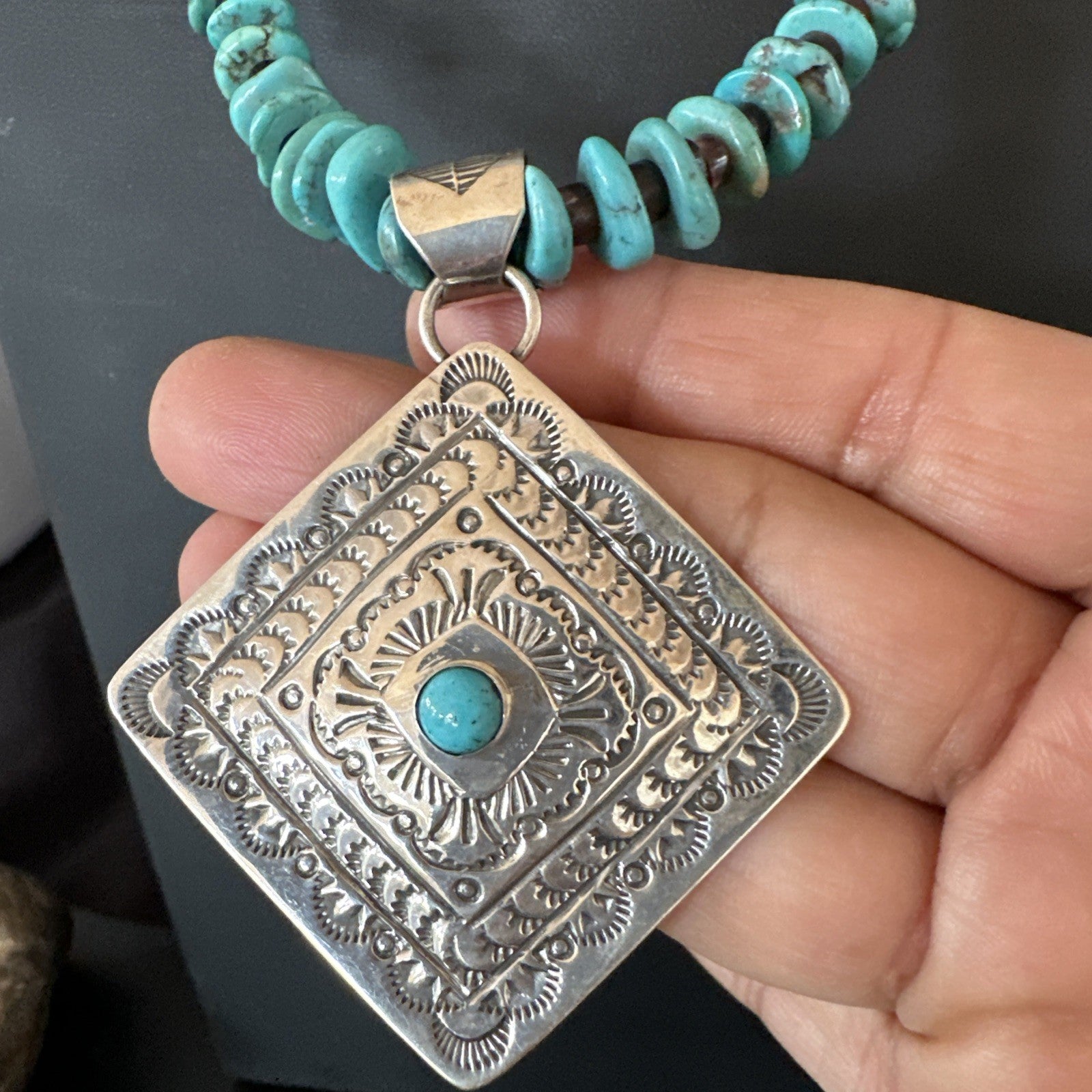 Navajo Blue Turquoise Stamped Pendant Shell Sterling Silver 25” Necklace 19707