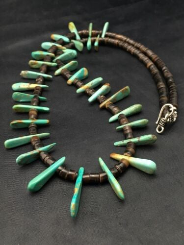 Navajo Green Turquoise & Bone Bead Necklace Sterling Silver 20" 4359