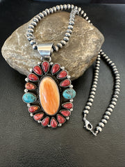Multicolor Turquoise Spiny Navajo Cluster Pendant Necklace | Sterling Silver | Authentic Native American Handmade | 19564