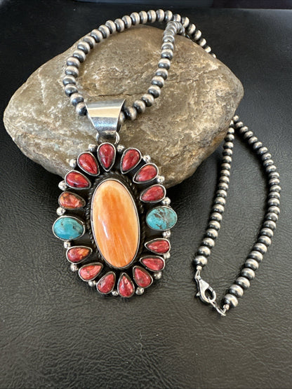 Multicolor Turquoise Spiny Navajo Sterling Silver Cluster Pendant Necklace 19564