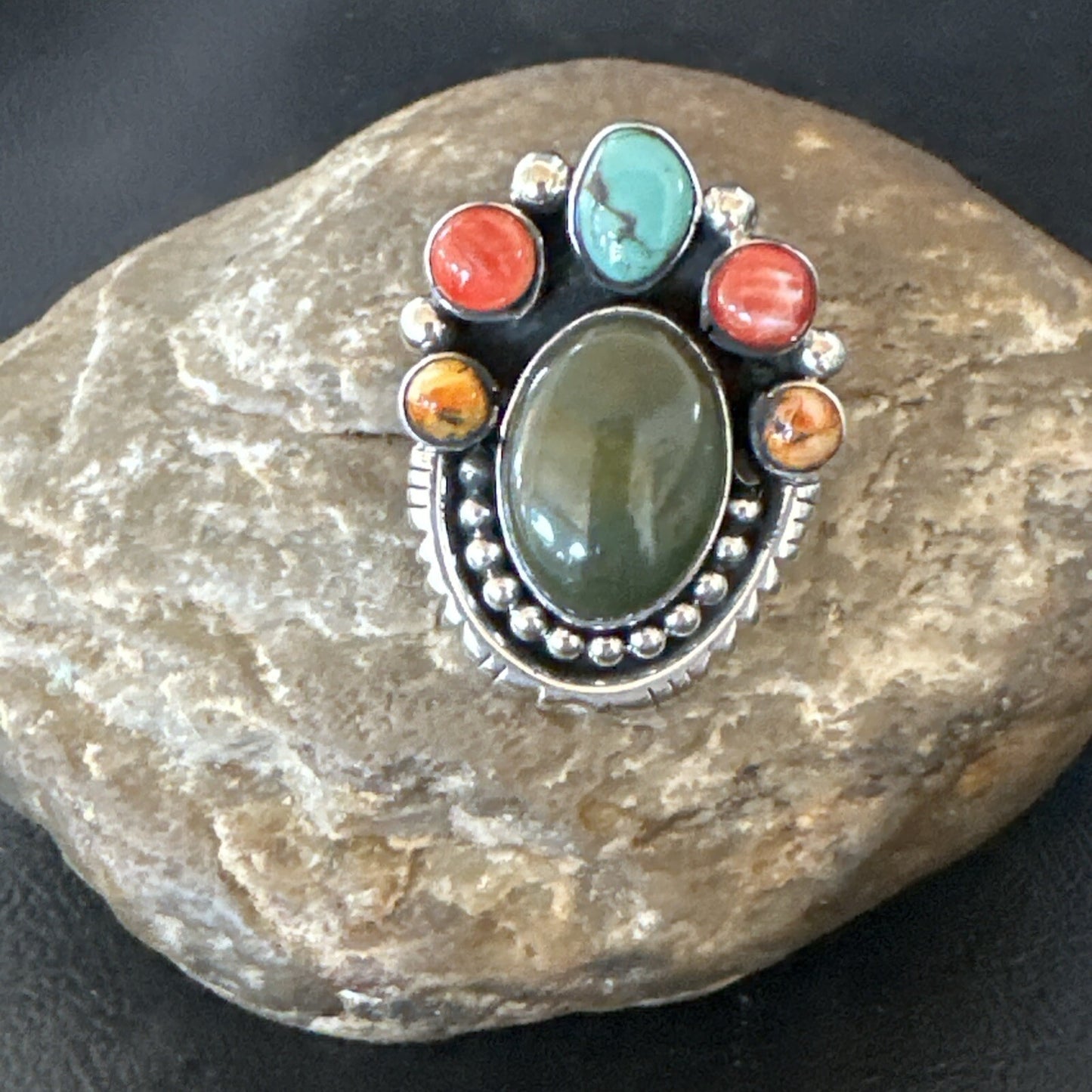Cluster Blue Turquoise Spiny Oyster Sterling Silver Ring Size 8 18567