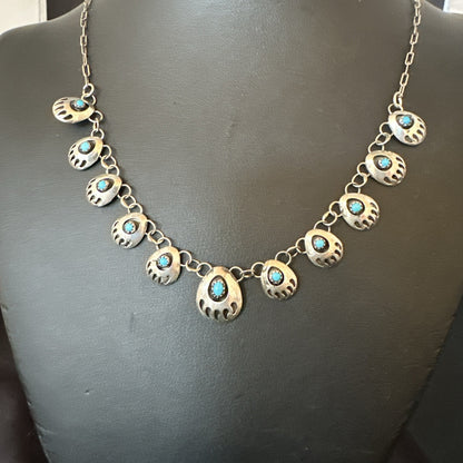 Blue Turquoise Navajo Sterling Silver Bear Paw ShadowBox Necklace 17" 19745