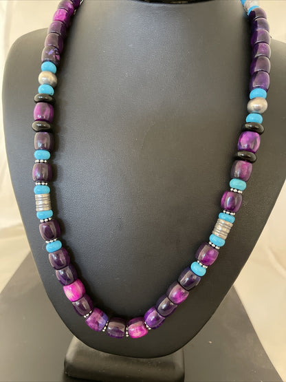 Purple Stone & Turquoise Indian Navajo Pearls Sterling Silver Necklace 01054