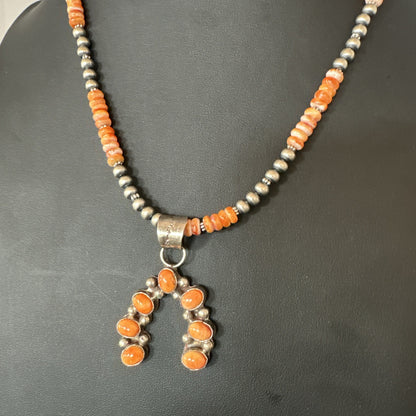 Navajo Pearls Sterling Necklace Orange Spiny Oyster Cluster Naja Pendant 19552