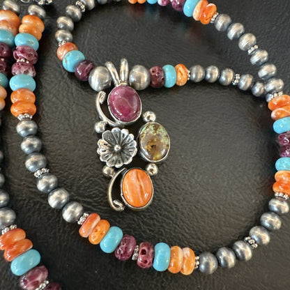 Multicolor Turquoise Spiny Navajo Sterling Silver Cluster Pendant Necklace 19640