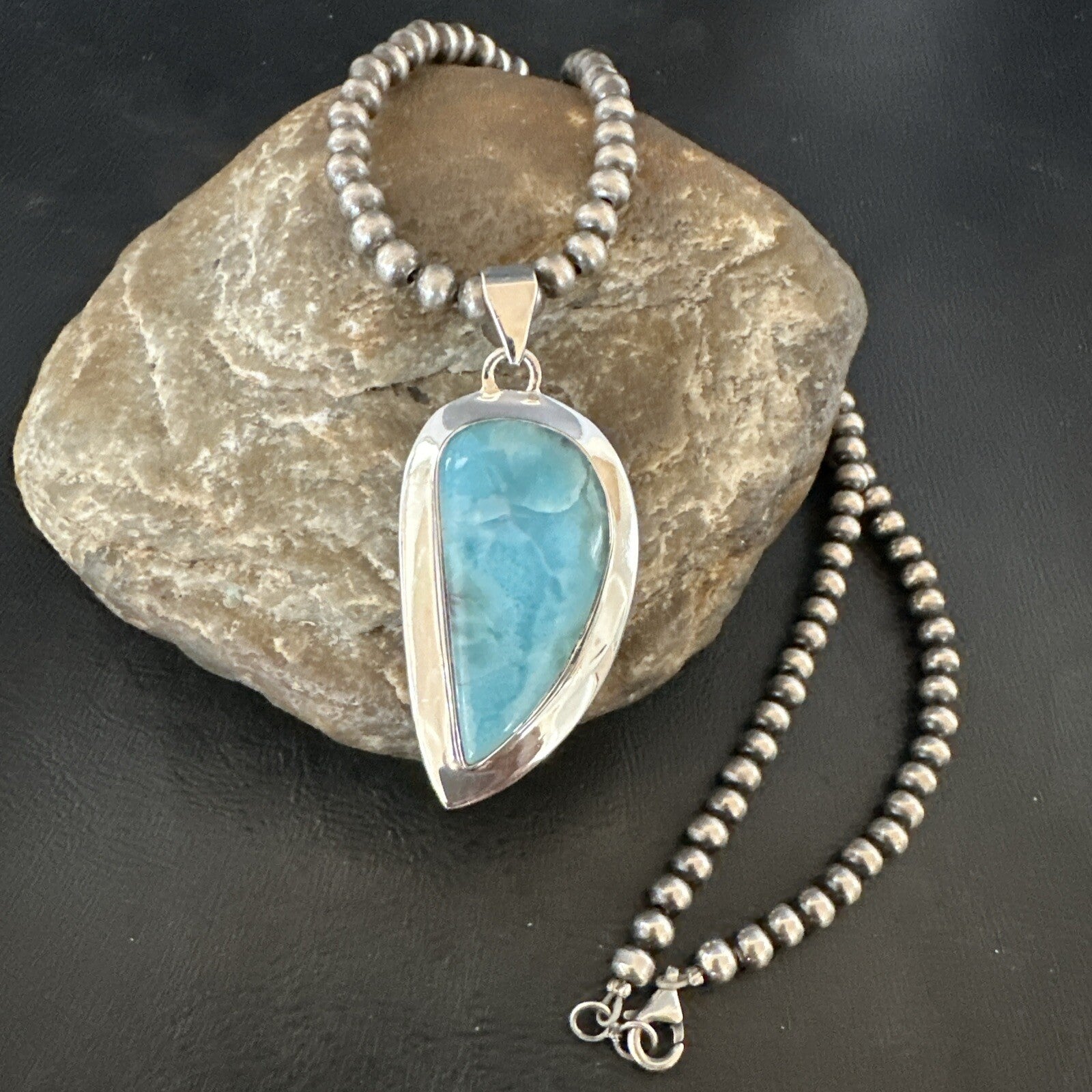 Womens Blue Larimar Pendant Navajo Sterling Silver Beads Necklace 17716
