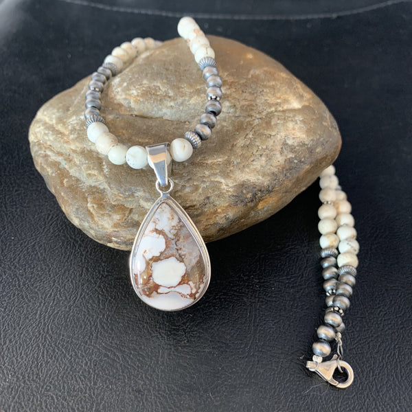 Navajo Pearls Wild Crazy Horse Turquoise Necklace Pendant | Sterling Silver | Authentic Native American Handmade | 13903