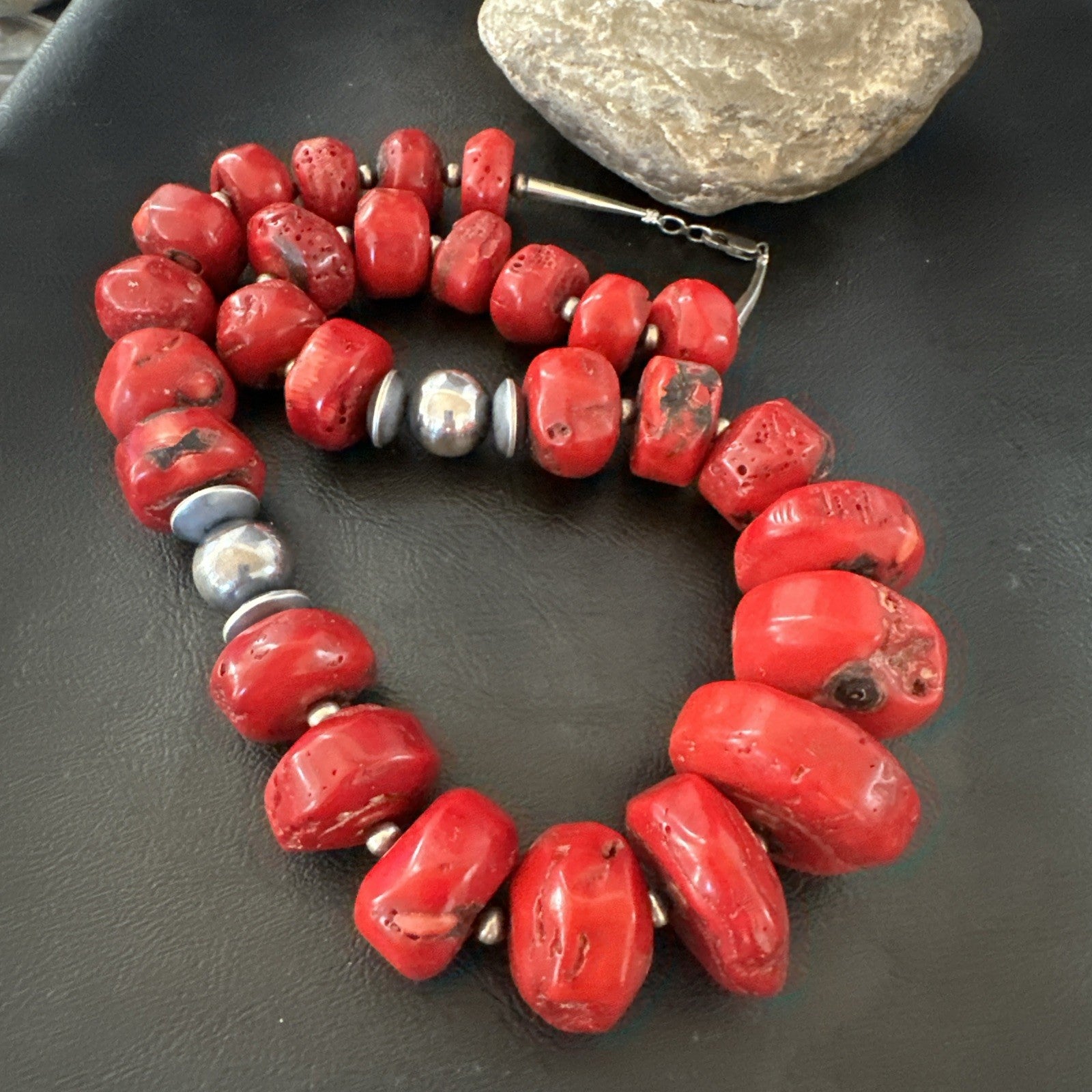 Chunky Navajo Red Bamboo Coral Sterling Silver Bead Necklace 24” Graduated 19530