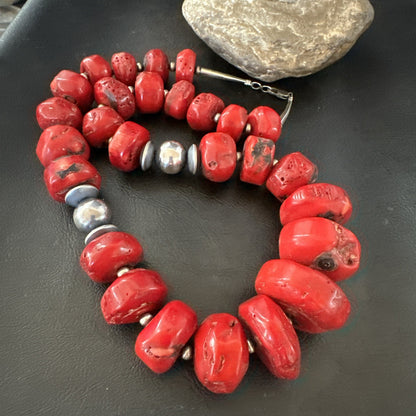 Chunky Navajo Red Bamboo Coral Sterling Silver Bead Necklace 24” Graduated 19530