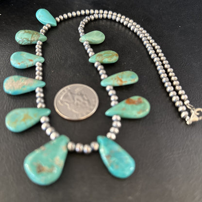 Blue Turquoise Teardrop Navajo Pearls Sterling Silver Necklace 14390