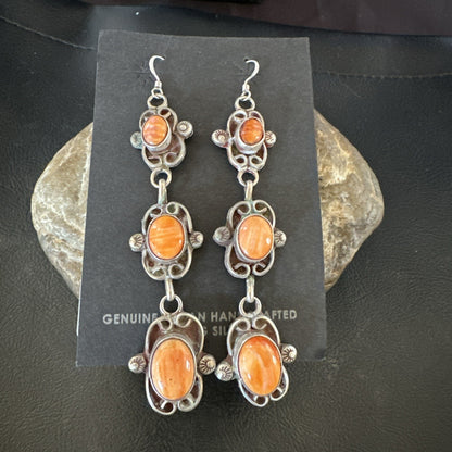 Native Navajo Sterling Silver Orange Spiny Oyster Dangle Earrings 1227