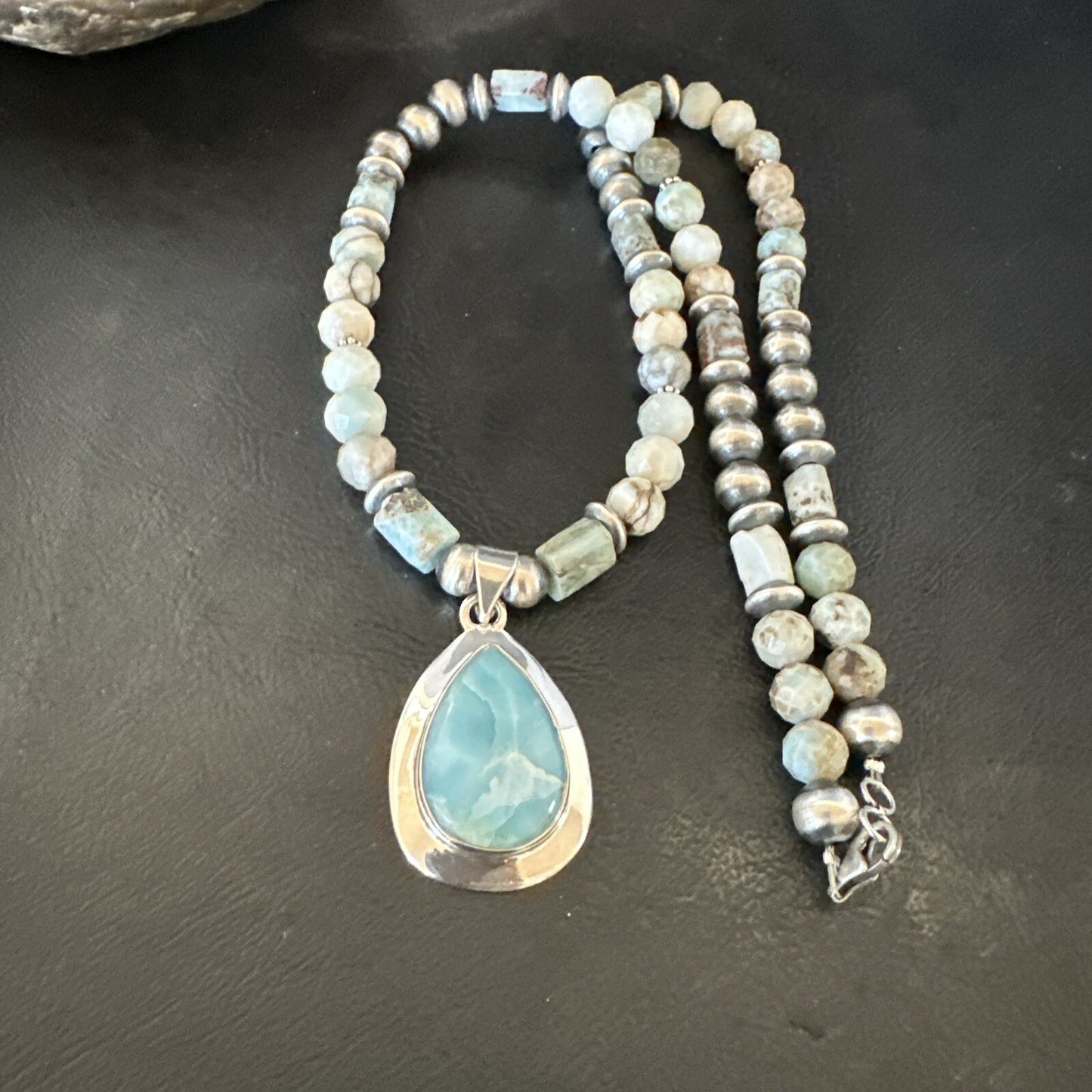 Blue Larimar Pendant Navajo Sterling Silver Natural Necklace 21" 17760