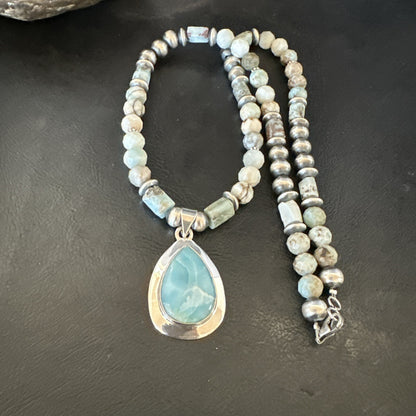 Blue Larimar Pendant Navajo Sterling Silver Natural Necklace 21" 17760