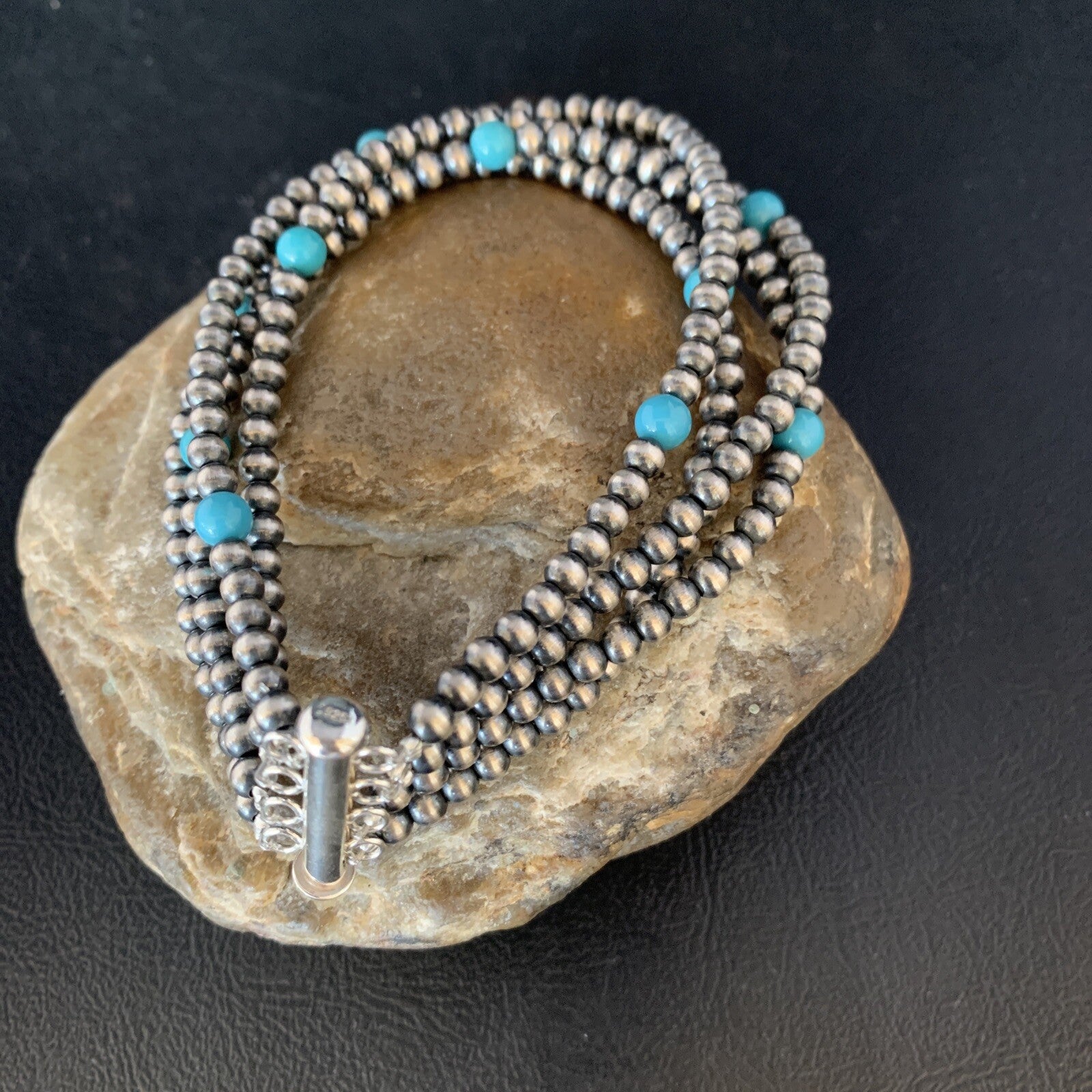 Native Navajo Sterling Silver Beads Blue Turquoise Bracelet 4 Strands 13587