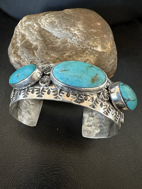 Men's Blue Kingman Turquoise Navajo Cuff Bracelet 7.5" | Sterling Silver | Authentic Native American Handmade | 19430