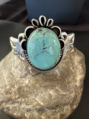 Yazzie Men's Blue Turquoise Navajo Tufa Cast Cuff Bracelet | Sterling Silver | Authentic Native American Handmade | 19694