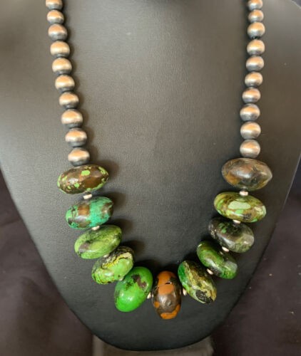 Navajo Chunky Graduated Green Turquoise Necklace Sterling Silver 18" 11768