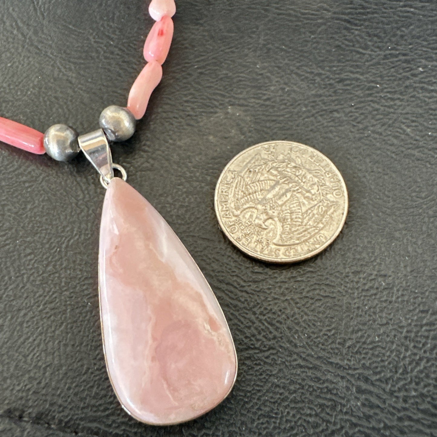 Southwestern Sterling Silver Pink Coral Bead Necklace Quartz Pendant 24" 19589