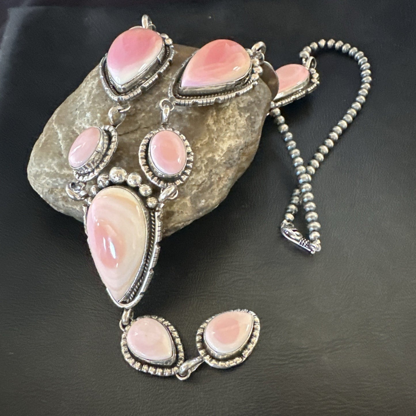 Pink Queen Conch Lariat Necklace Navajo Sterling Silver Pendant 28" 19334