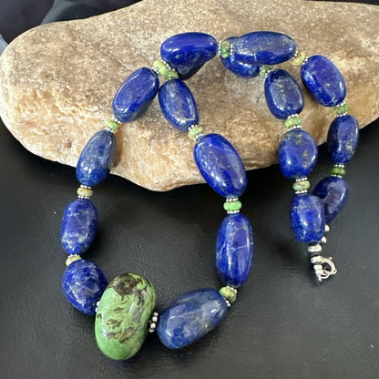 Green Turquoise Lapis Chunky Southwestern Sterling Silver Necklace 21” 19257