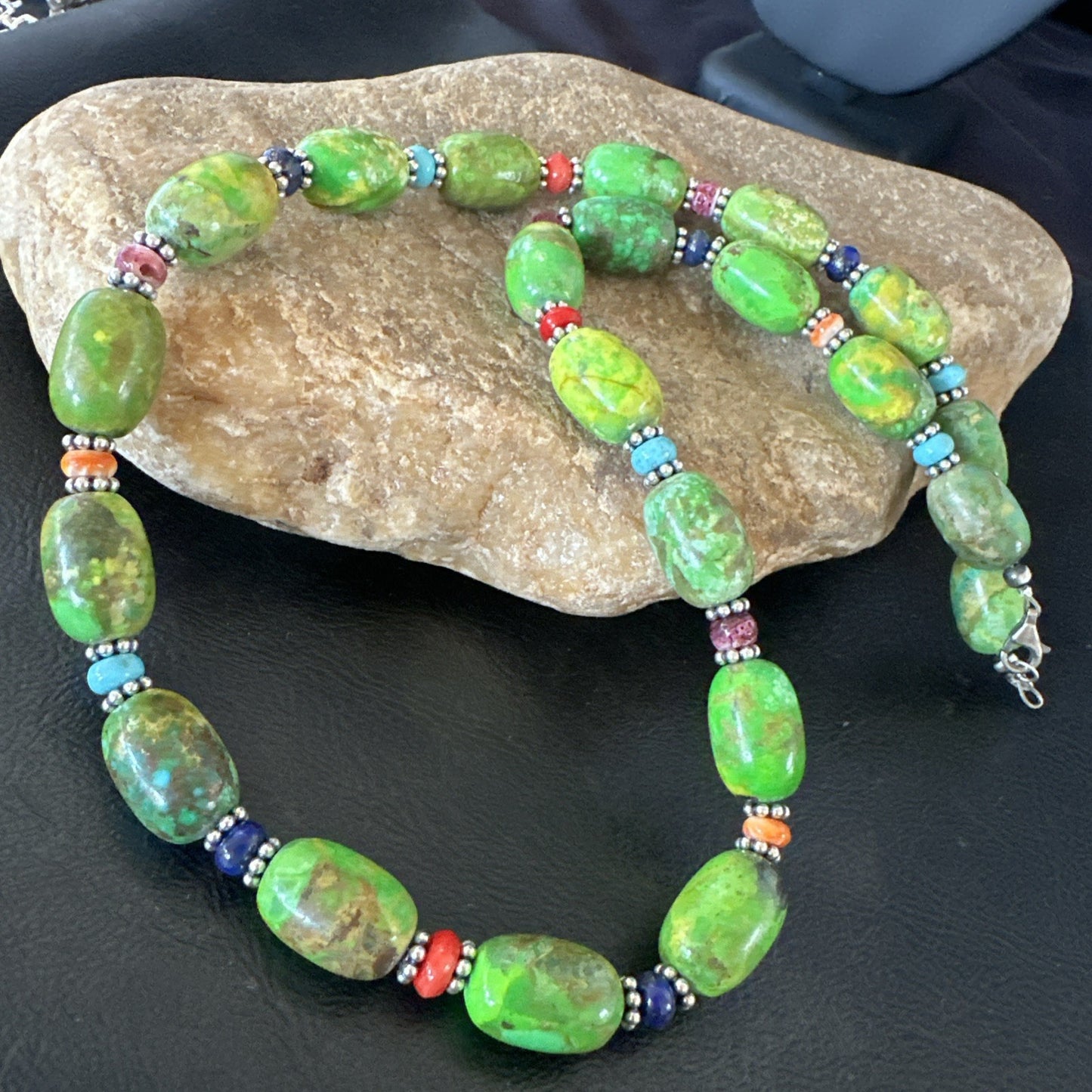Green Turquoise Multicolor Southwestern Sterling Silver Necklace 22" 19247