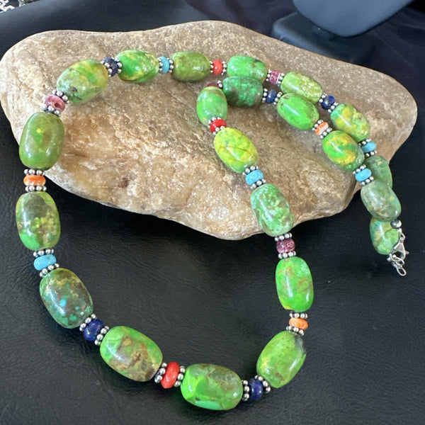 Green Turquoise Multicolor Southwestern Necklace 22" | Sterling Silver | Authentic Native American Handmade | 19247