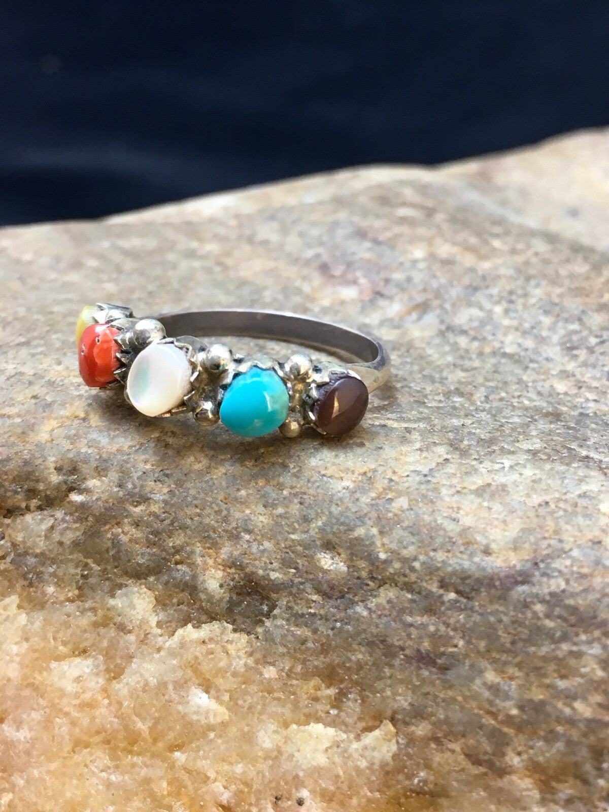 Blue Opal Coral & Turquoise Zuni Sterling Silver Ring Size 6.25 02501