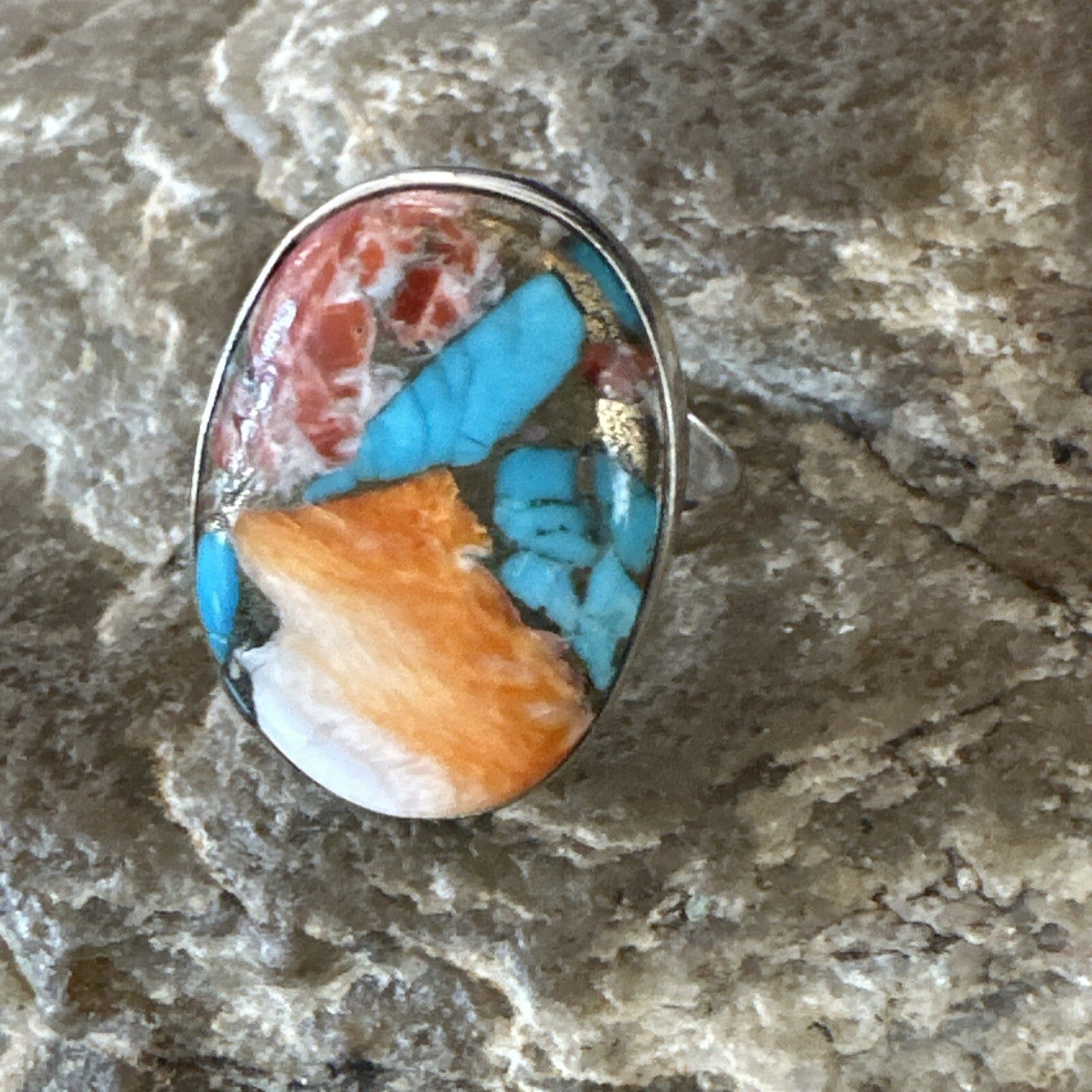 Blue Turquoise Spiny Oyster Navajo Sterling Silver Ring Size 8 18233