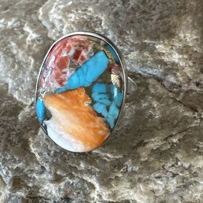 Blue Turquoise Spiny Oyster Navajo Sterling Silver Ring Size 8 18233
