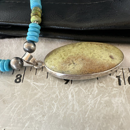 Green Gaspeite Pendant Blue Turquoise Navajo Sterling Silver Necklace 20" 19671