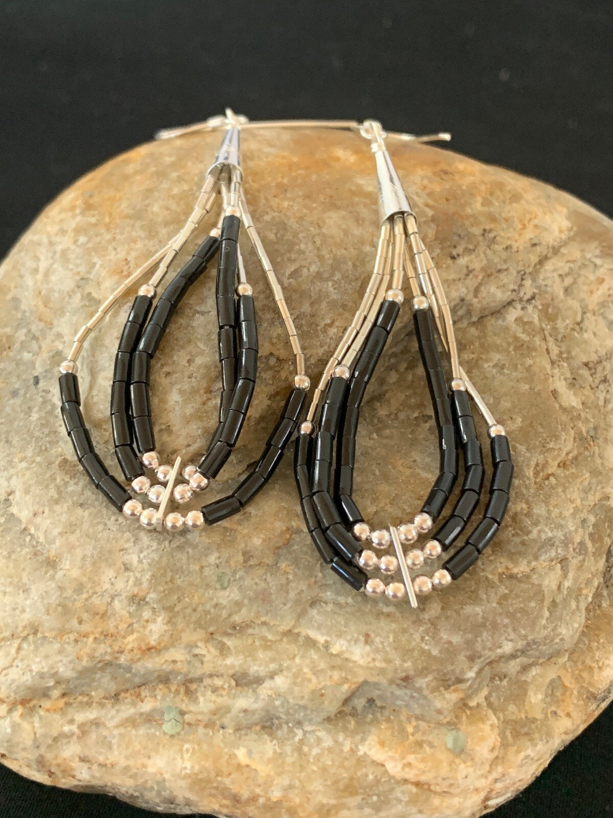 Handmade Native  Sterling Silver Heishi Black Onyx Dangle Earrings 2" 10054