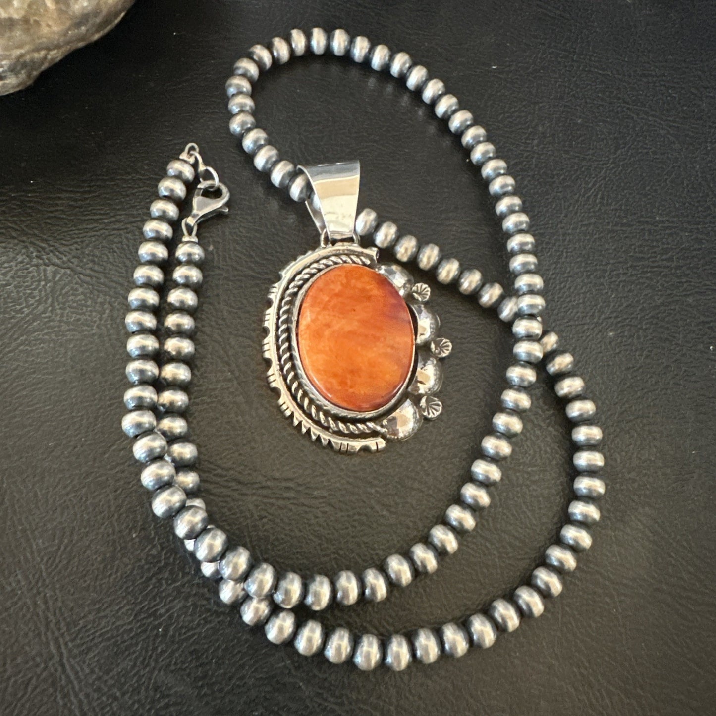 Yazzie Orange Spiny Oyster Pendant Navajo Sterling Silver Necklace 19490