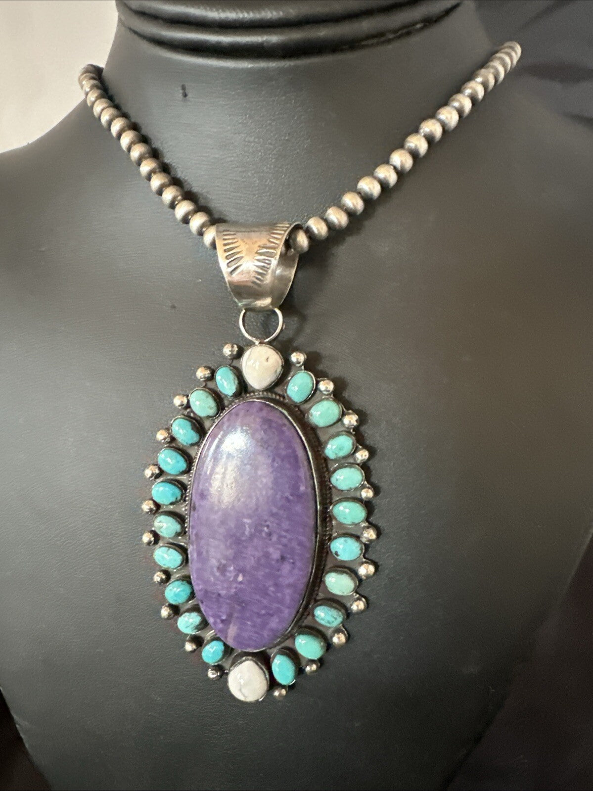 Purple Charoite Turquoise Navajo Sterling Silver Cluster Pendant 3.75" 18651
