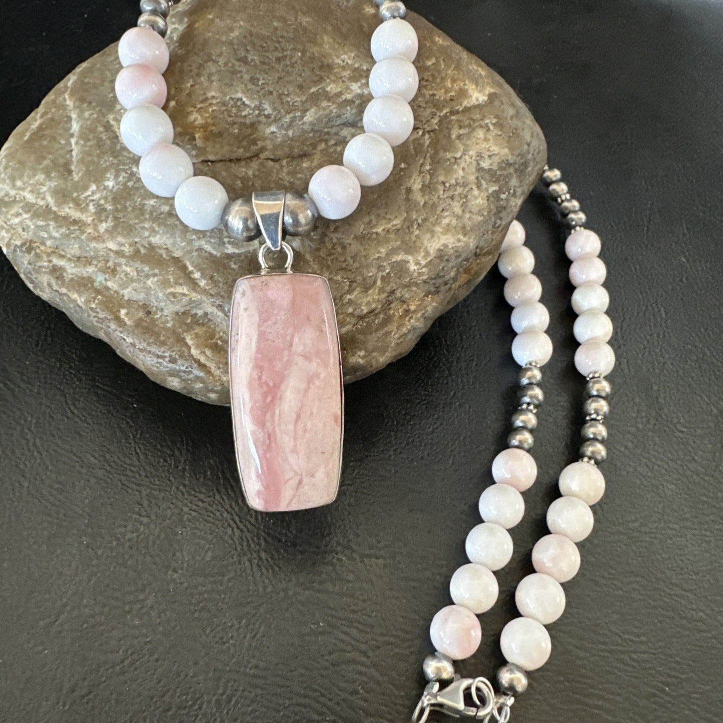 Southwestern Sterling Silver Pink Queen Conch Bead Necklace Pendant 20" 19584