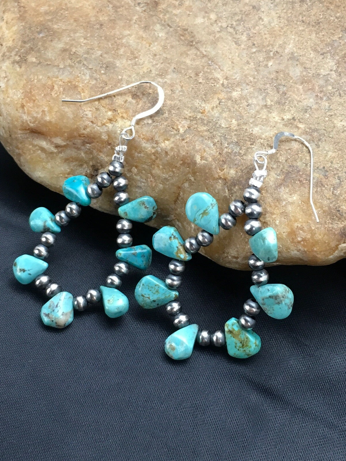 Blue Turquoise Cluster Navajo Sterling Silver Earrings 2" 02971