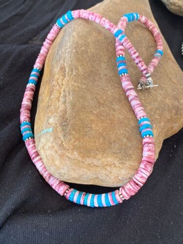 Navajo Turquoise & Spiny Oyster Necklace Sterling Silver 21" 4639