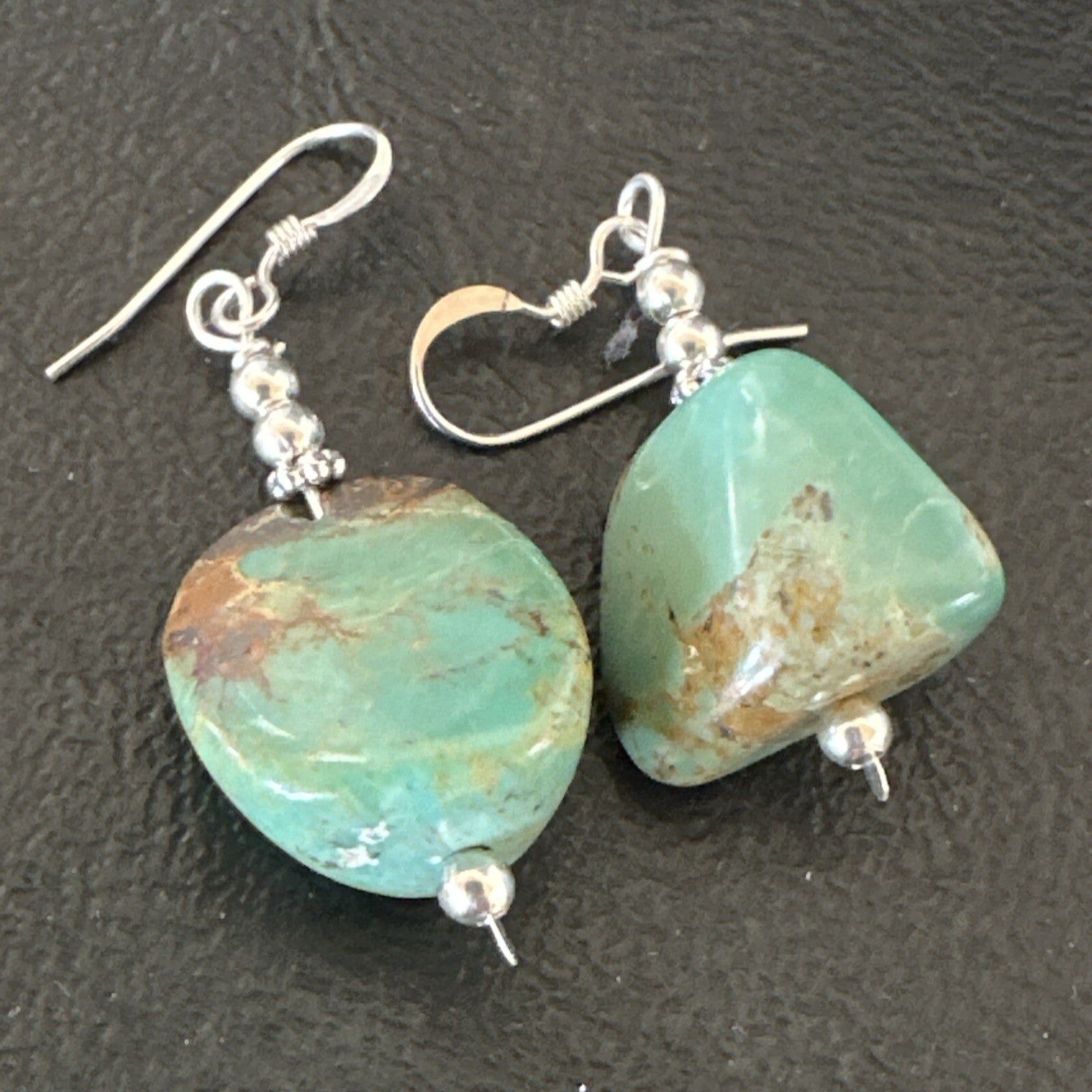 Green Turquoise Nugget Sterling Silver Beads Navajo Earrings 1" 17868