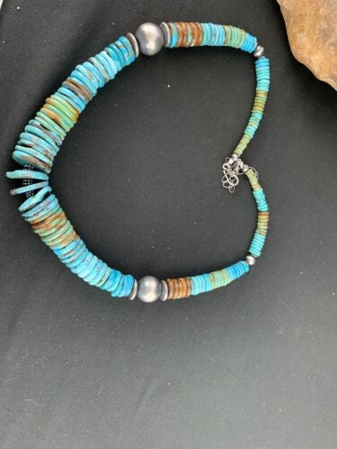 Navajo Blue Green Turquoise Graduated Necklace Sterling Silver 20" 234