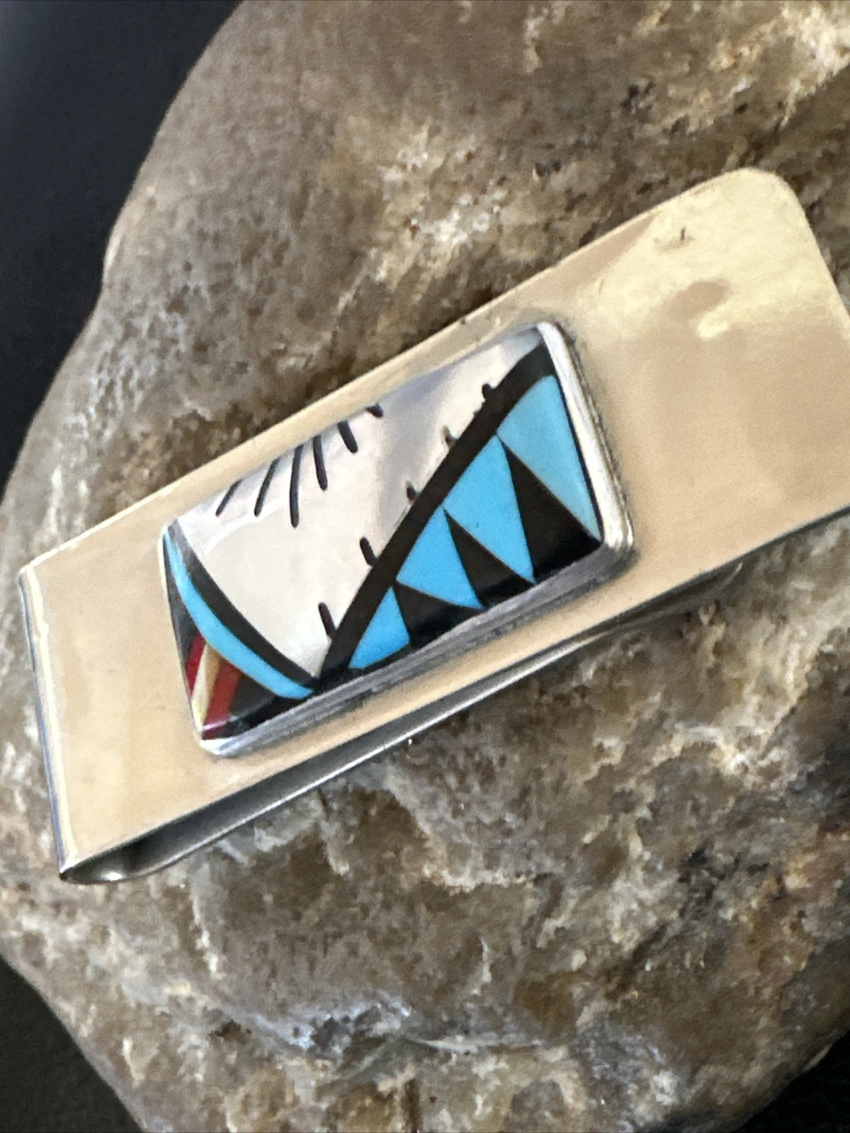 A Zuni Mens Turquoise Spiny Inlay Stainless Sterling Silver Money Clip 17834