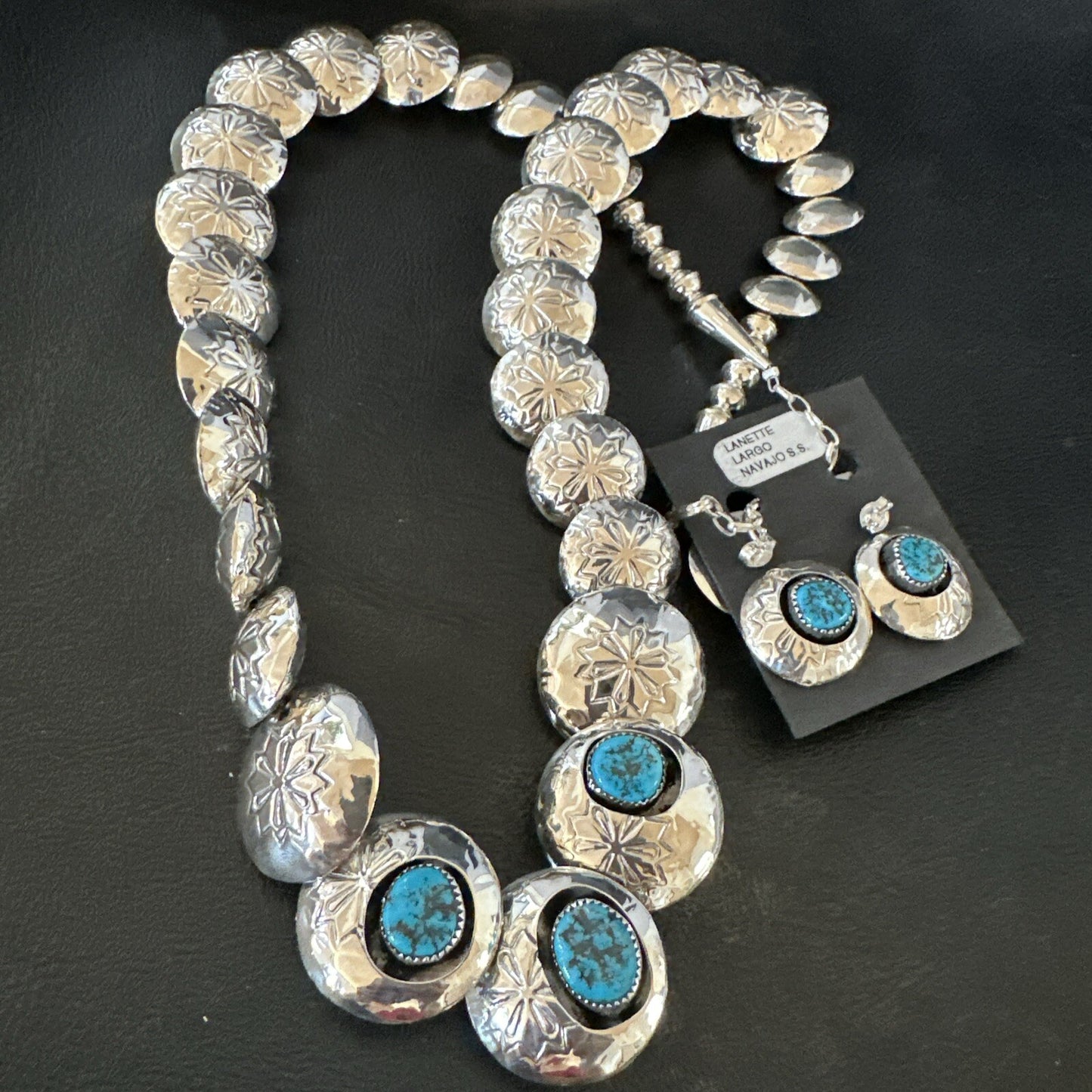Reversible Coral Turquoise Navajo Sterling Silver Necklace Earrings 24" 17769