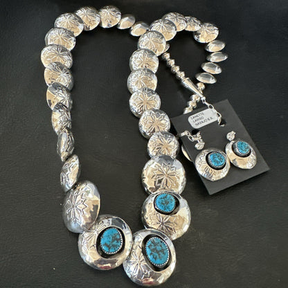 Reversible Coral Turquoise Navajo Sterling Silver Necklace Earrings 24" 17769