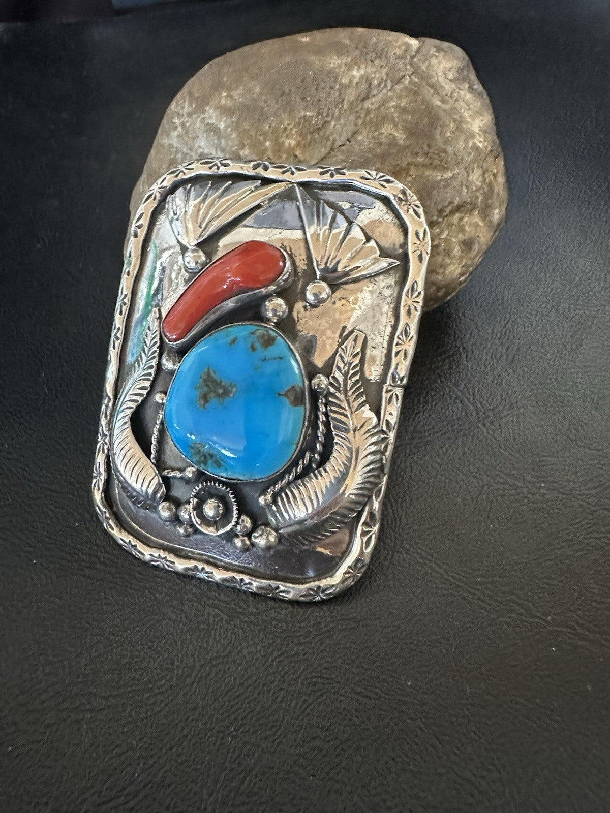 Mens Buckle Blue Turquoise Coral Navajo Sterling Silver Concho Belt 19489