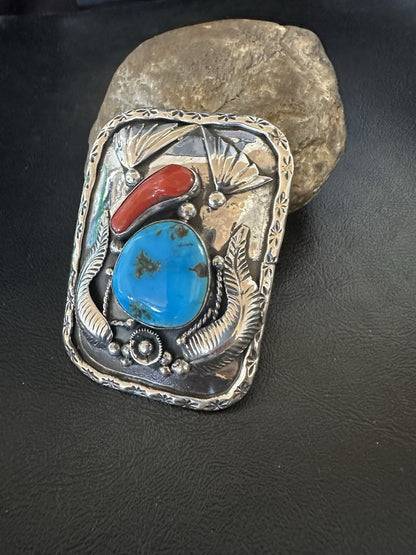 Mens Buckle Blue Turquoise Coral Navajo Sterling Silver Concho Belt 19489