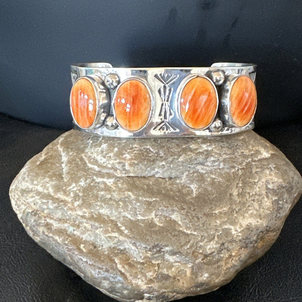 Orange Spiny Oyster 4 Stone Row Navajo Cuff Bracelet 7.7" | Sterling Silver | Authentic Native American Handmade | 19476