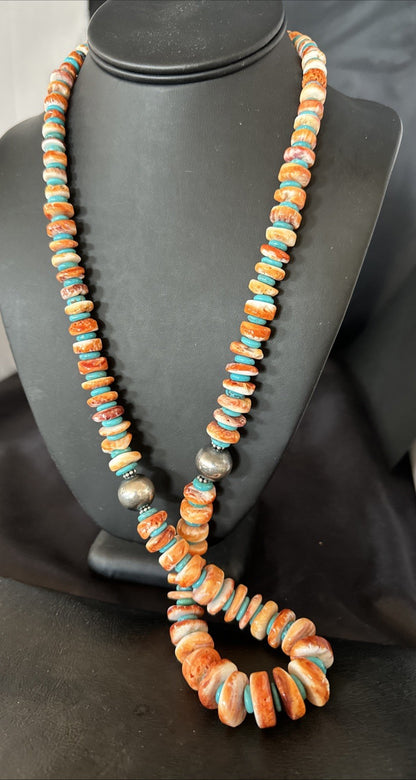 30" Spiny Oyster Turquoise Graduated Navajo Pearl Sterling Silver Necklace 19419