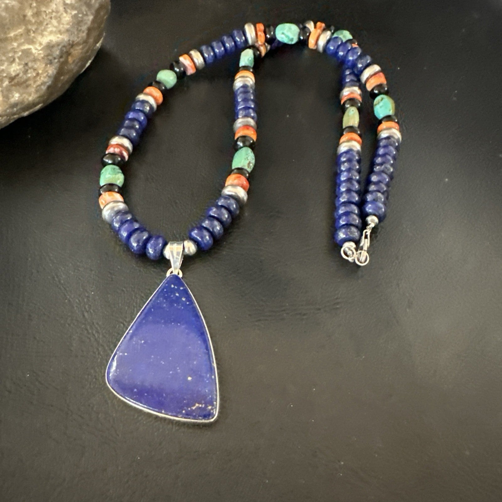 Lapis Turquoise Spiny Necklace Southwestern Sterling Silver Pendant 22” 19469