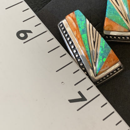 Navajo Blue Opal Oran Spiny Oyster Inlay Sterling Silver Earrings 12118