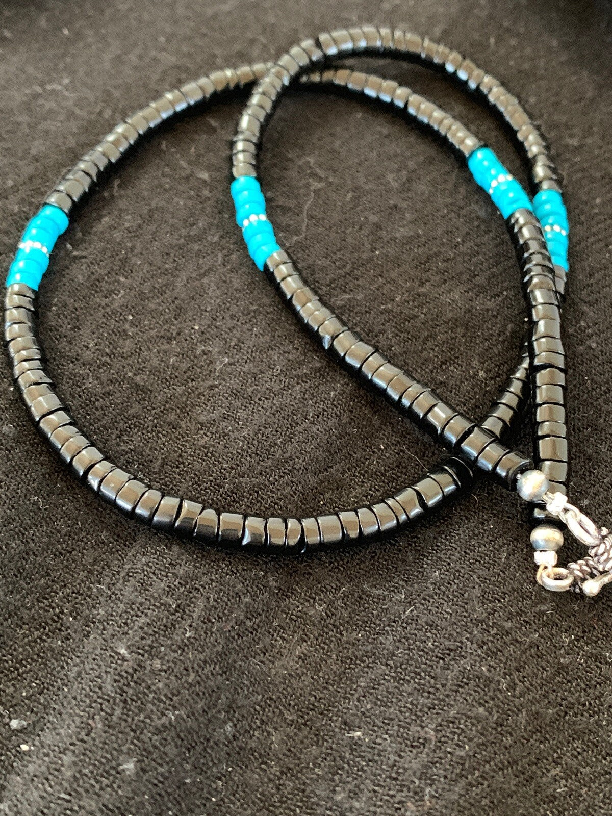 Native Mens Blue Turquoise Heishi Onyx Necklace Navajo Sterling Silver 8823