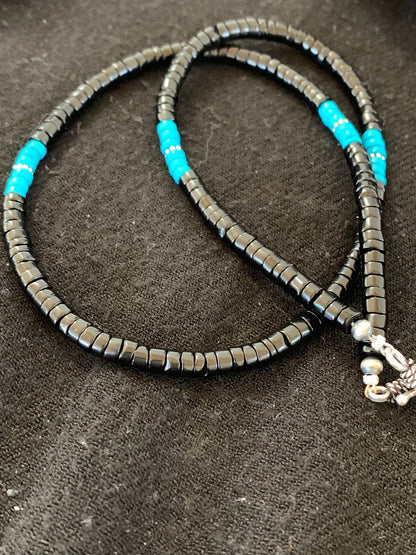 Native Mens Blue Turquoise Heishi Onyx Necklace Navajo Sterling Silver 8823