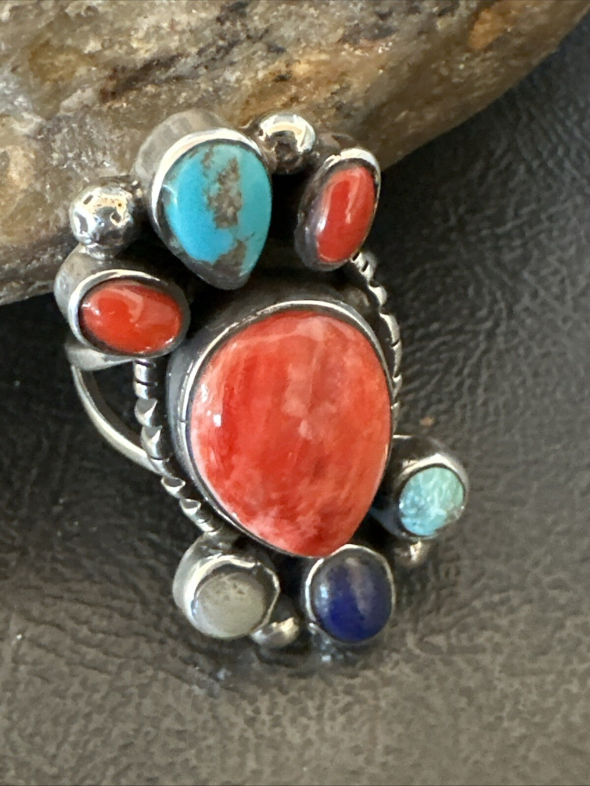 Cluster Blue Turquoise Spiny Oyster Onyx Sterling Silver Ring Size 9 18561